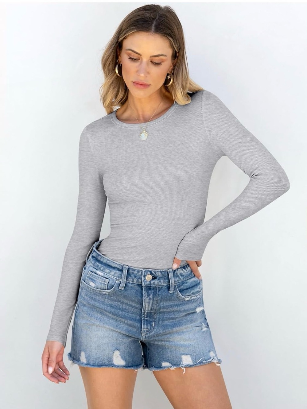 Light Gray Ribbed Long-Sleeve Boatneck Top